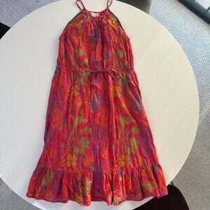 Cotton Midi Red Keyhole Tie Waist Abstract Pattern Summer Dress S